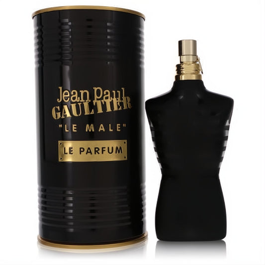 Jean Paul Gaultier Le Male Le Parfum 4.2 oz EDP. Iconic black torso bottle, gold cap, and sleek black/gold ribbed packaging.