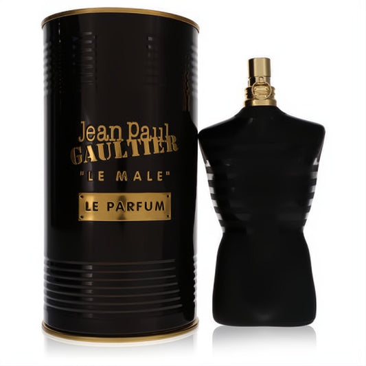Jean Paul Gaultier Le Male Le Parfum Intense 6.8 oz. Black torso bottle with gold cap and luxurious ribbed tin packaging.