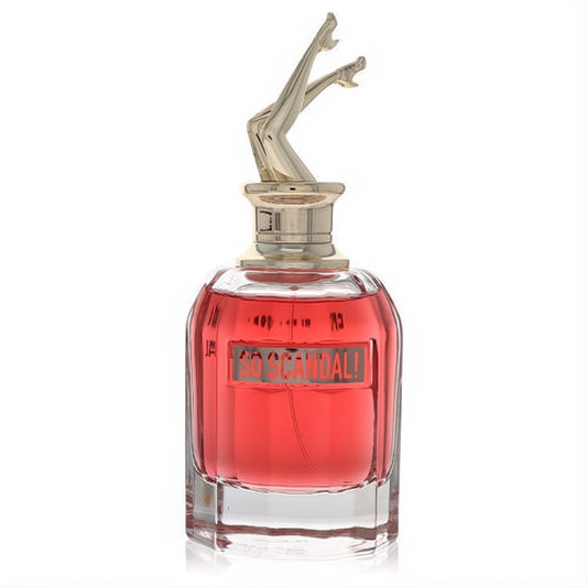 Jean Paul Gaultier So Scandal! 2.7 oz EDP tester. Daring clear glass bottle, vibrant pink fragrance, and iconic gold high-heel leg cap.