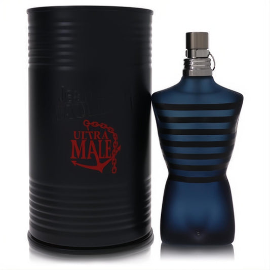 Jean Paul Gaultier Ultra Male: bold frosted blue torso bottle with black stripes & sleek black tin.