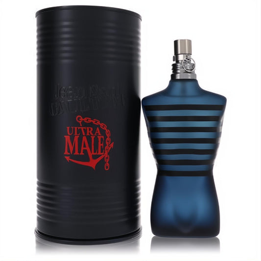 Jean Paul Gaultier Ultra Male 4.2 oz men's cologne: iconic blue striped torso bottle next to its black ribbed tin with red logo.