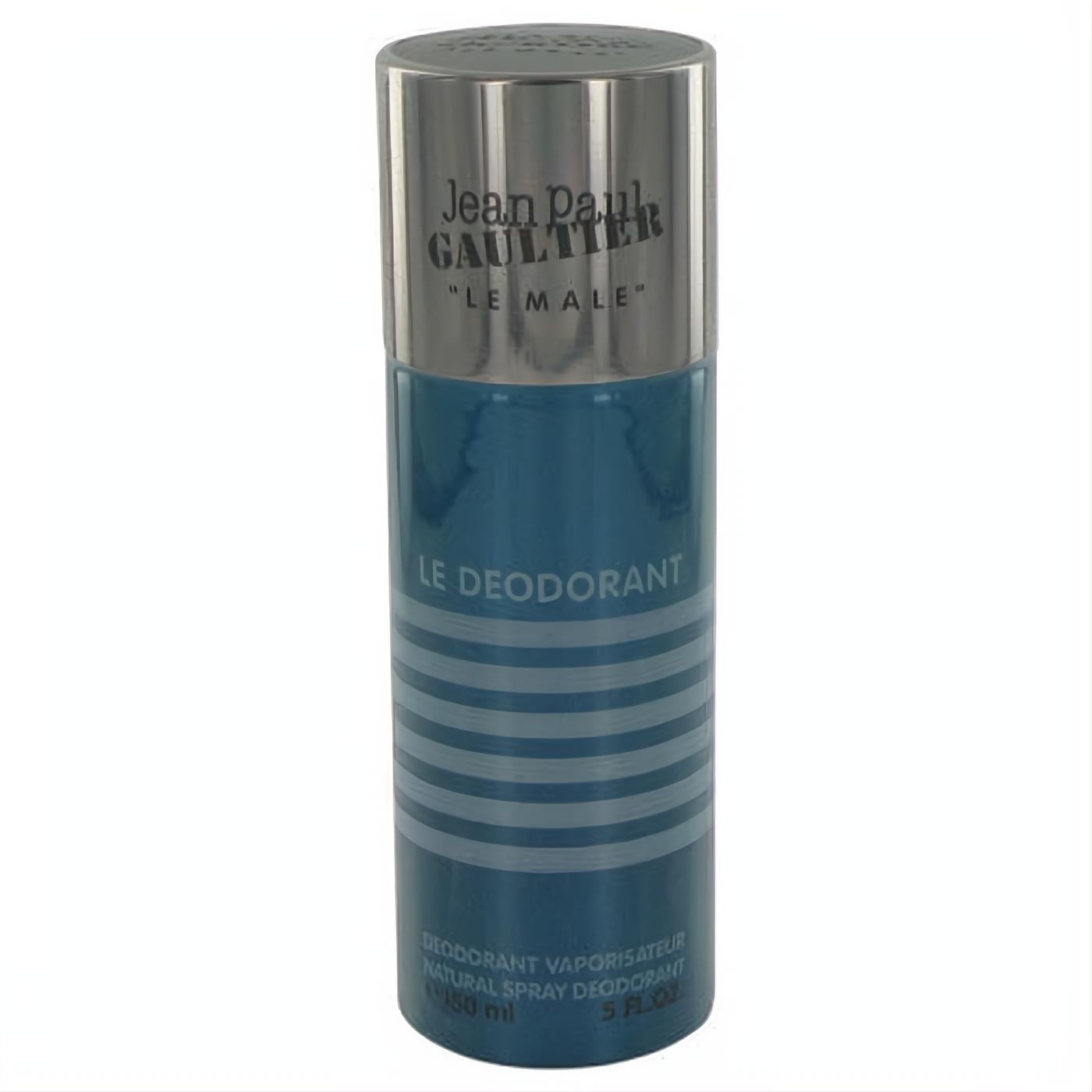 Jean Paul Gaultier Le Male 5 oz men's deodorant spray. Sleek blue and silver can with bold branding, perfect for daily freshness.