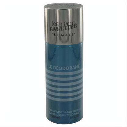 Jean Paul Gaultier Le Male 5 oz men's deodorant spray. Sleek blue and silver can with bold branding, perfect for daily freshness.