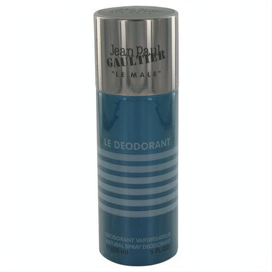 Jean Paul Gaultier Le Male 5 oz men's deodorant spray. Sleek blue and silver can with bold branding, perfect for daily freshness.