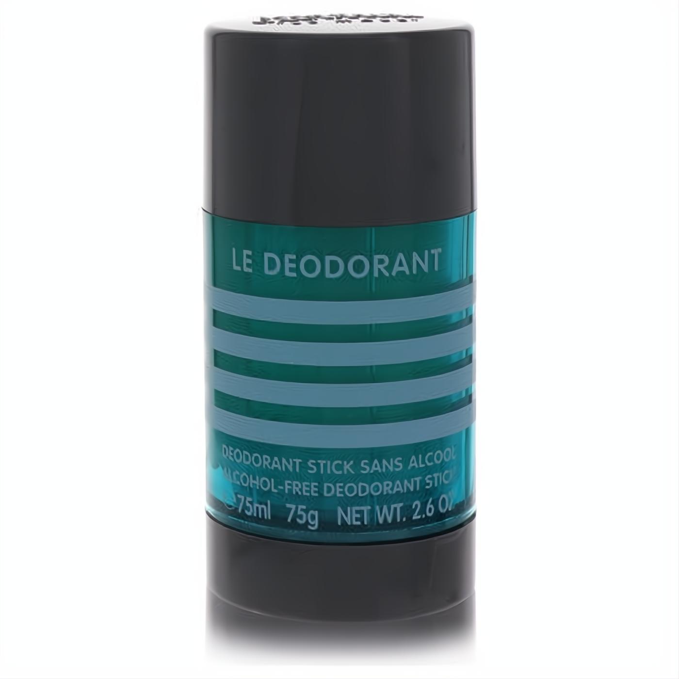 Sleek Jean Paul Gaultier 2.6 oz men's deodorant stick. Black case, vibrant teal label with blue stripes. Alcohol-free.