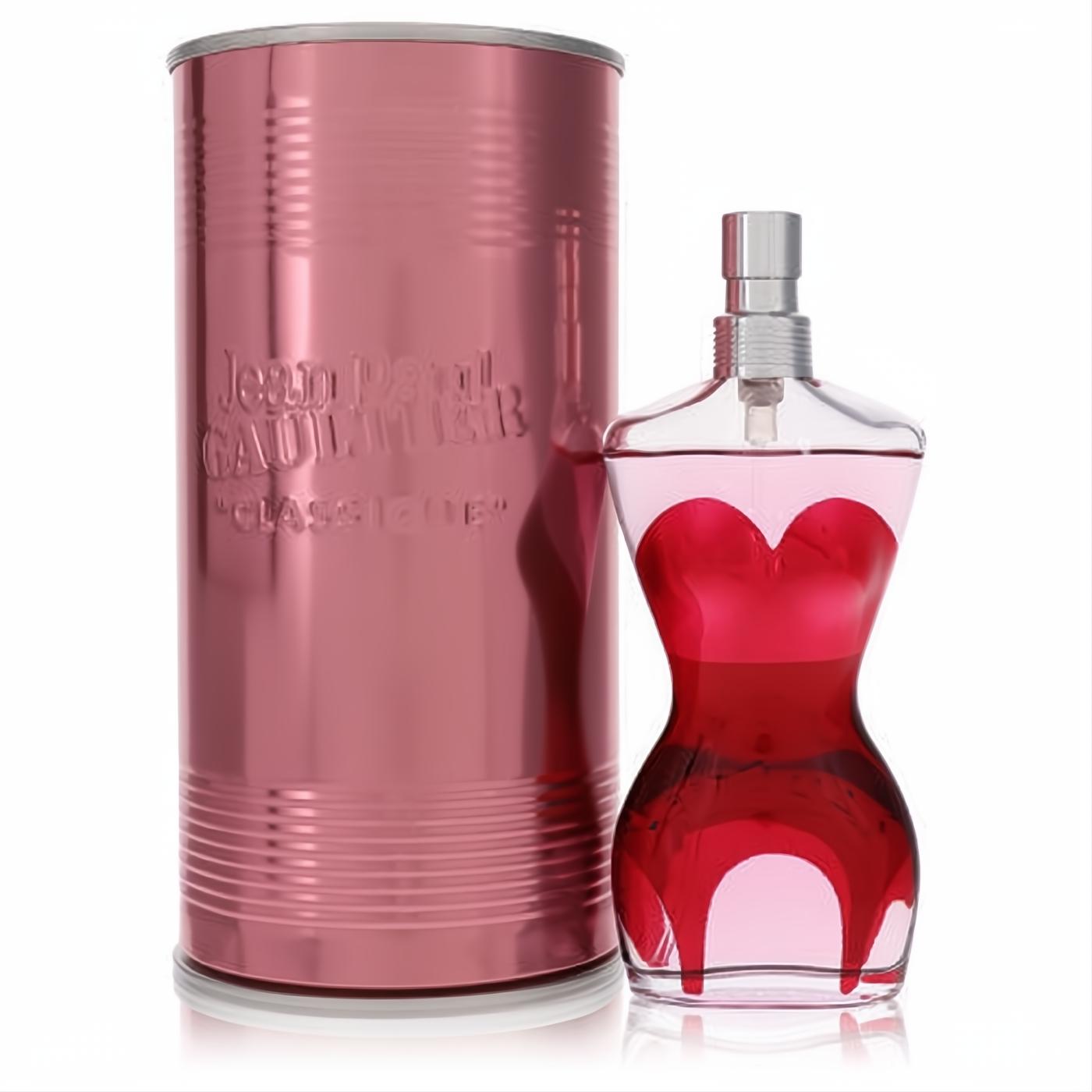 Discover Jean Paul Gaultier Classique 1.7 oz EDP. Iconic female torso bottle, vibrant red liquid, sleek rose gold tin.