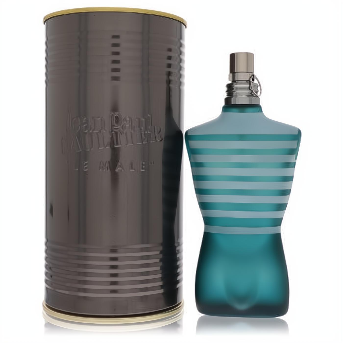 Experience Jean Paul Gaultier Le Male 4.2 oz EDT. Iconic frosted teal torso bottle with white stripes and sleek gunmetal tin.