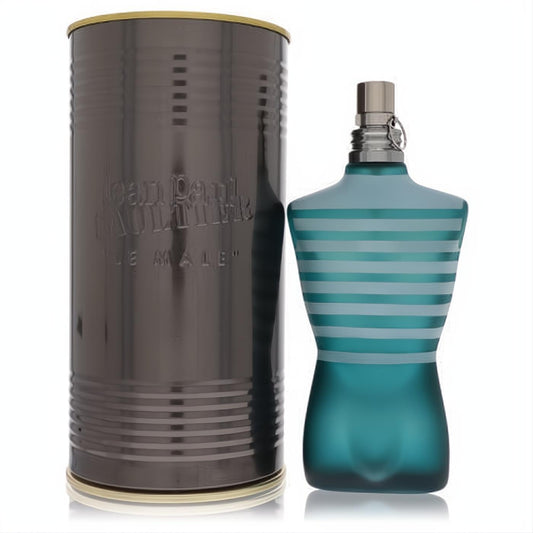 Experience Jean Paul Gaultier Le Male 4.2 oz EDT. Iconic frosted teal torso bottle with white stripes and sleek gunmetal tin.