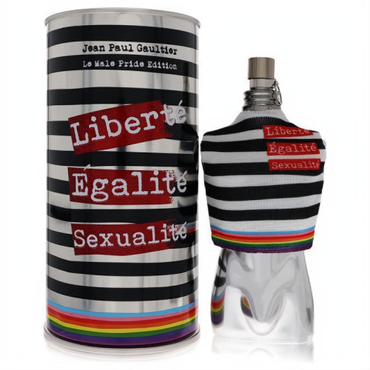 Jean Paul Gaultier Le Male Pride Edition 4.2 oz EDT. Iconic silver torso bottle and striped tin feature 'Liberté Égalité Sexualité' and vibrant rainbow details.