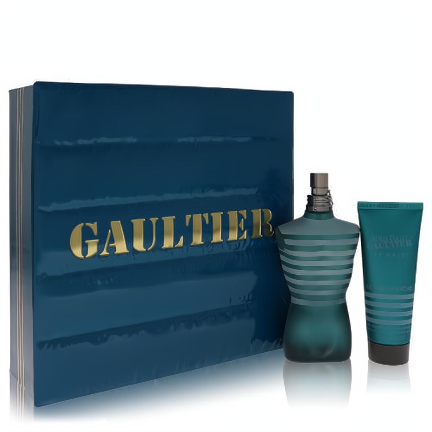 Jean Paul Gaultier men's fragrance gift set: iconic teal torso EDT bottle, matching shower gel, and sleek blue box with gold logo.