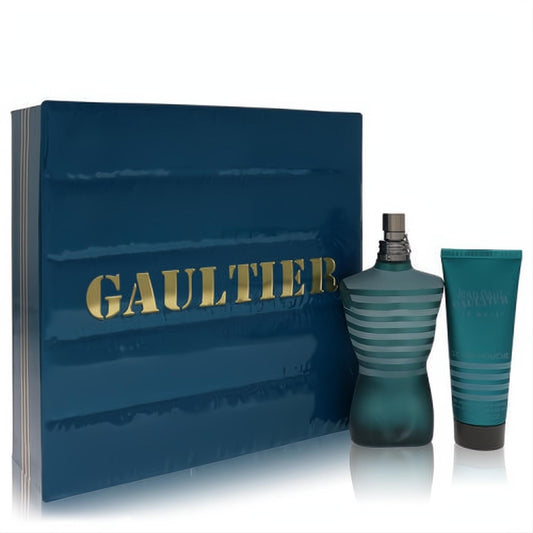 Jean Paul Gaultier men's fragrance gift set: iconic teal torso EDT bottle, matching shower gel, and sleek blue box with gold logo.