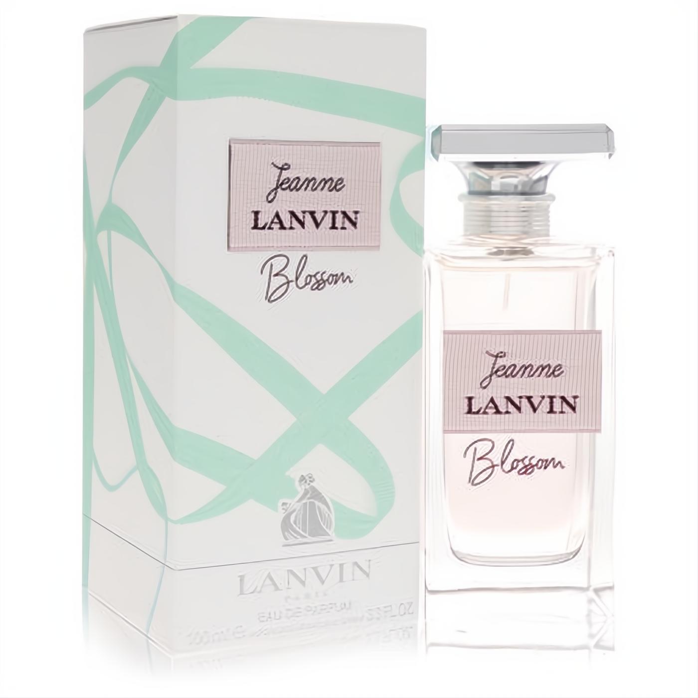 Jeanne Lanvin Blossom 3.3 oz EDP. Clear glass bottle with light pink perfume, silver cap, and elegant pink label. White box with mint green design.