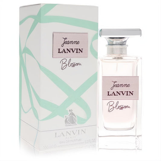 Jeanne Lanvin Blossom 3.3 oz EDP. Clear glass bottle with light pink perfume, silver cap, and elegant pink label. White box with mint green design.