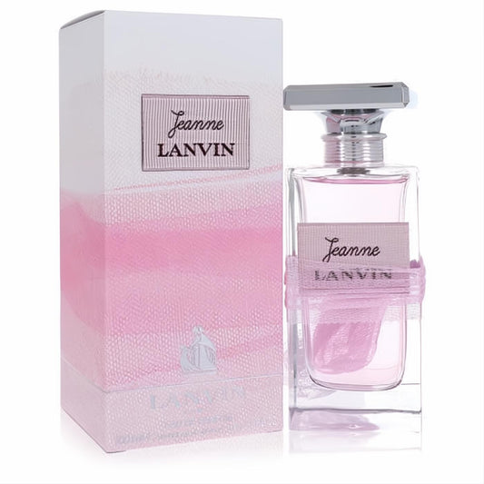 Jeanne Lanvin 3.4 oz EDP spray. Chic clear glass bottle with delicate pink perfume, silver cap, and elegant pink-gradient box.
