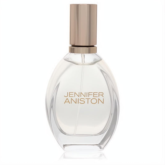 Jennifer Aniston Solstice Bloom 1.7 oz EDP: sleek clear glass oval bottle with a radiant rose gold cap.