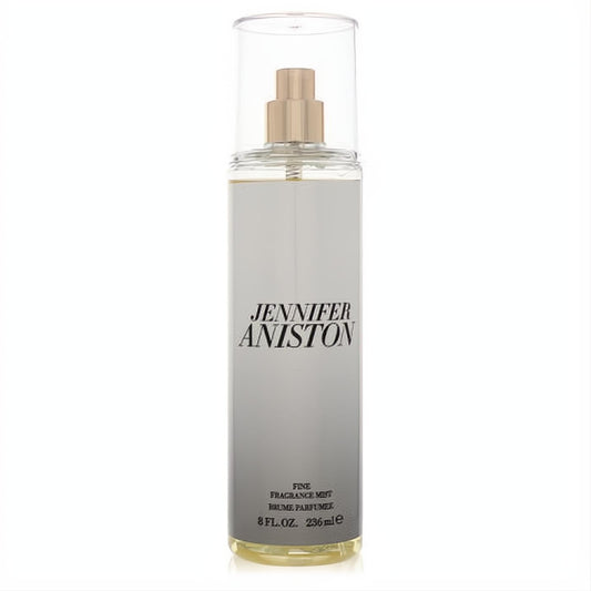 Jennifer Aniston women's 8 oz fragrance mist. Clear bottle, elegant silver-grey label, gold sprayer, clear cap.