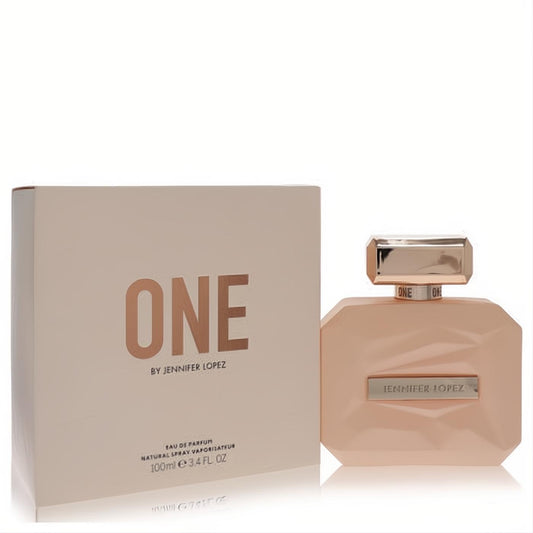 Jennifer Lopez One 3.4 oz EDP. Elegant peach faceted bottle with a radiant gold cap and matching branded box.