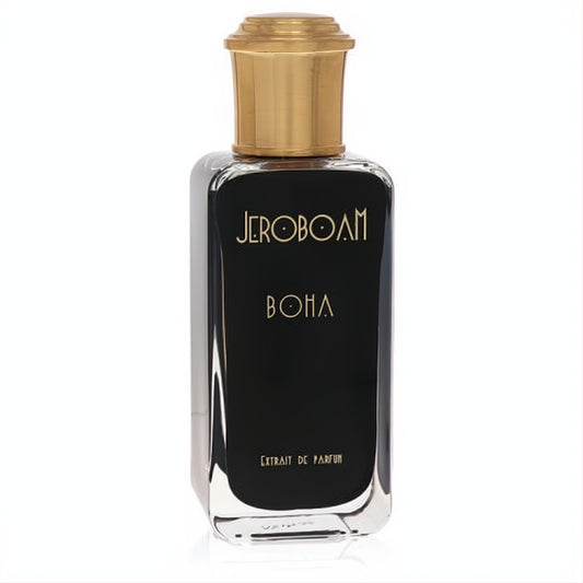 Jeroboam Boha Extrait De Parfum: Elegant 1 oz clear glass bottle with a bold black front and luxurious gold cap.