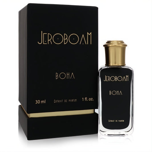Jeroboam Boha 1 oz women's Extrait de Parfum. Elegant black box and clear bottle with dark liquid, gold cap.