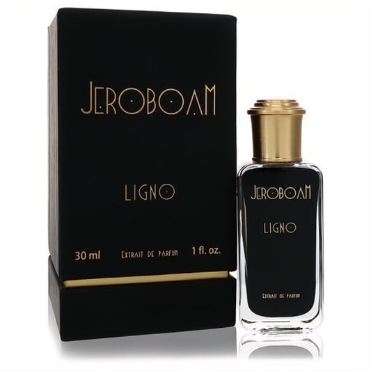 Sophisticated Jeroboam Ligno 1 oz Extrait De Parfum. Black box and clear bottle with rich black liquid and elegant gold cap.