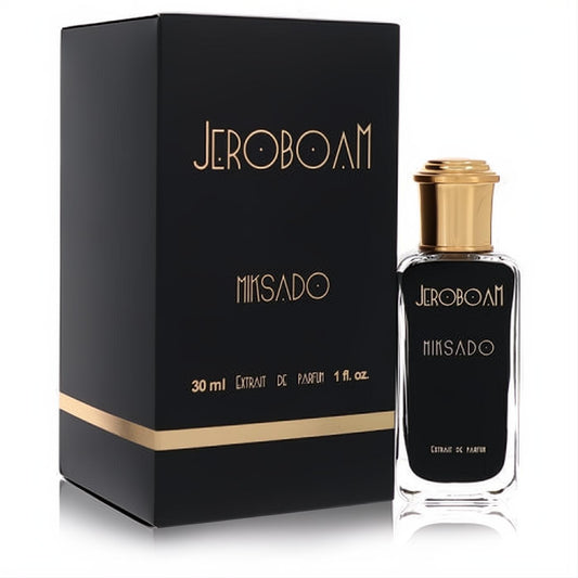 Luxurious Jeroboam Miksado 1 oz unisex extrait de parfum. Sleek black bottle with gold cap and elegant matching box.