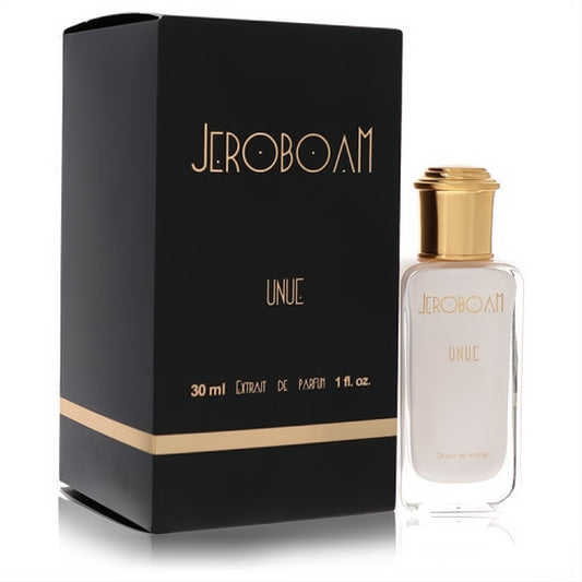 Luxurious Jeroboam Unue 1 oz unisex Extrait De Parfum. Clear glass bottle, gold cap, and sleek black box.