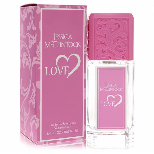 Jessica McClintock Love 3.4 oz EDP. Elegant clear glass bottle, ornate pink cap, and matching floral pink box.
