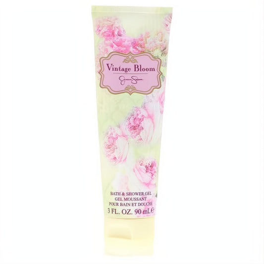 Jessica Simpson Vintage Bloom 3 oz shower gel. Elegant tube with soft pink floral art on a light green background.