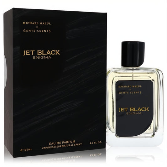 Michael Malul Jet Black Enigma 3.4 oz EDP. Sophisticated clear glass bottle with bold black label and cap, beside its sleek black box.