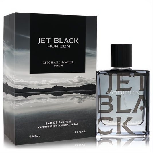 Jet Black Horizon 3.4 oz Eau De Parfum by Michael Malul. Elegant clear bottle, black cap, and striking black & white landscape box.