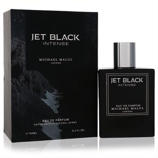 Sophisticated Jet Black Intense Michael Malul 3.4 oz EDP spray. Elegant black bottle, silver cap, matching textured box.