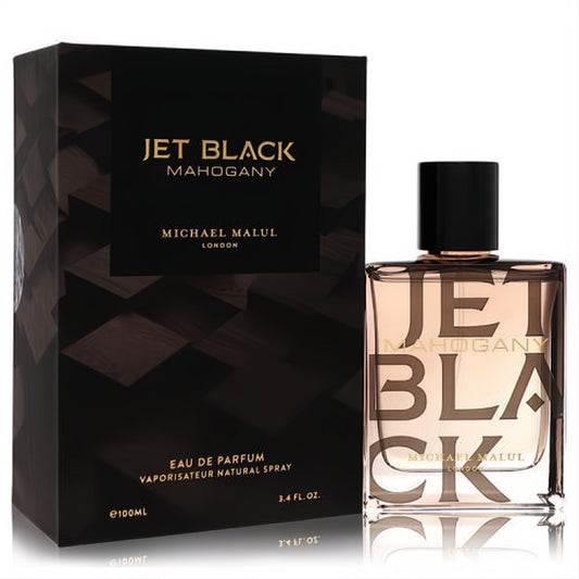 Experience Jet Black Mahogany Michael Malul 3.4 oz EDP. Luxurious black box with gold accents, sleek clear bottle, and dark cap.