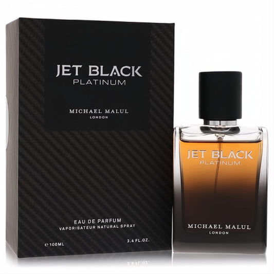 Jet Black Platinum 3.4 oz men's Eau De Parfum. Sleek bottle with amber liquid, beside its carbon fiber box.