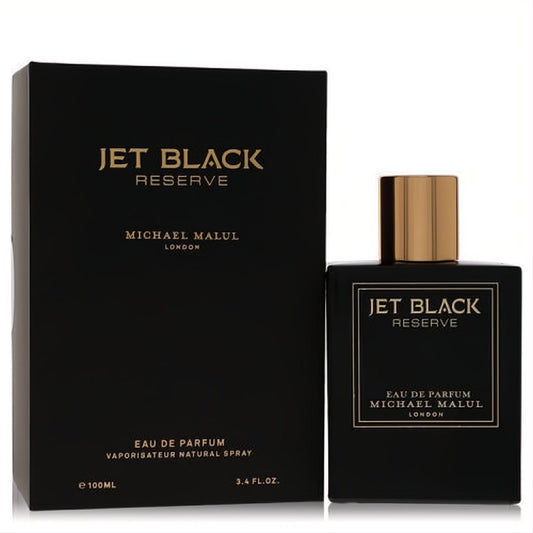 Michael Malul Jet Black Reserve 3.4 oz men's EDP. Sleek matte black bottle and box with luxurious gold details.