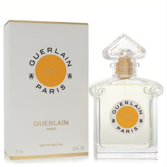 Elegant Jicky by Guerlain Eau De Parfum, 2.5 oz. Clear glass bottle with ornate cap, white box featuring a vibrant orange and gold logo.