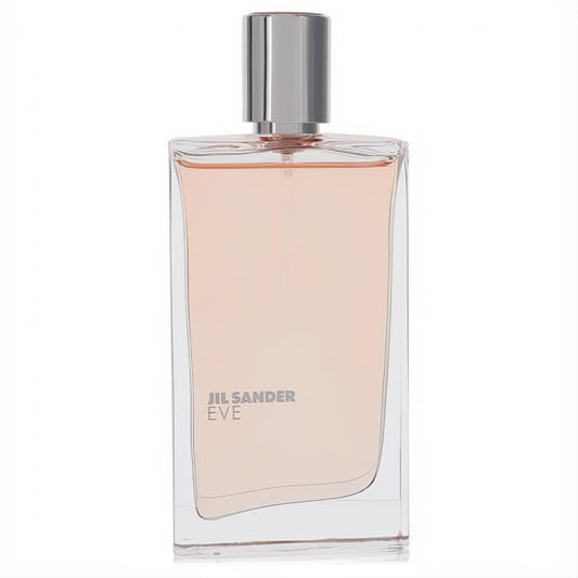 Elegant Jil Sander Eve 1.7 oz women's EDT tester. Clear glass bottle with delicate peach fragrance and sleek silver cap.