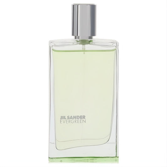 Elegant Jil Sander Evergreen EDT spray. Clear glass bottle with refreshing light green fragrance and sleek silver cap.