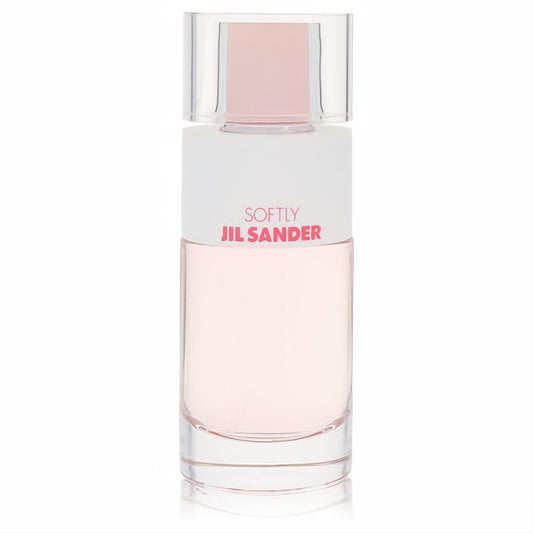 Jil Sander Softly Eau De Petales 2.7 oz EDT spray tester. Elegant clear glass bottle, delicate pink fragrance, white label.