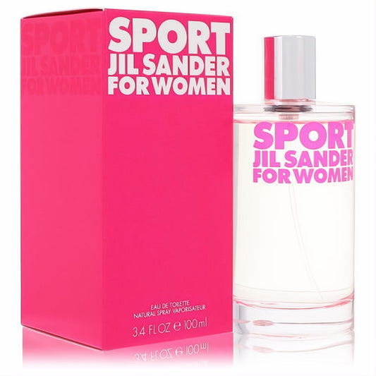 Experience Jil Sander Sport 3.4 oz EDT. Sleek clear glass bottle with white cap, vibrant pink box for women.