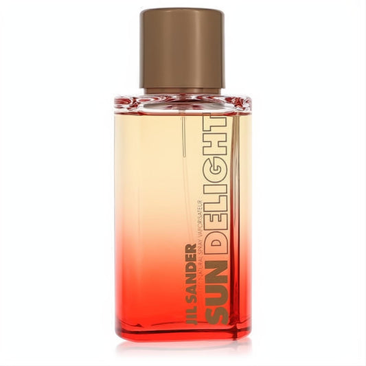 Jil Sander Sun Delight women's 3.4 oz EDT in a clear glass bottle, featuring a warm yellow-to-red ombre liquid and a chic brown cap.