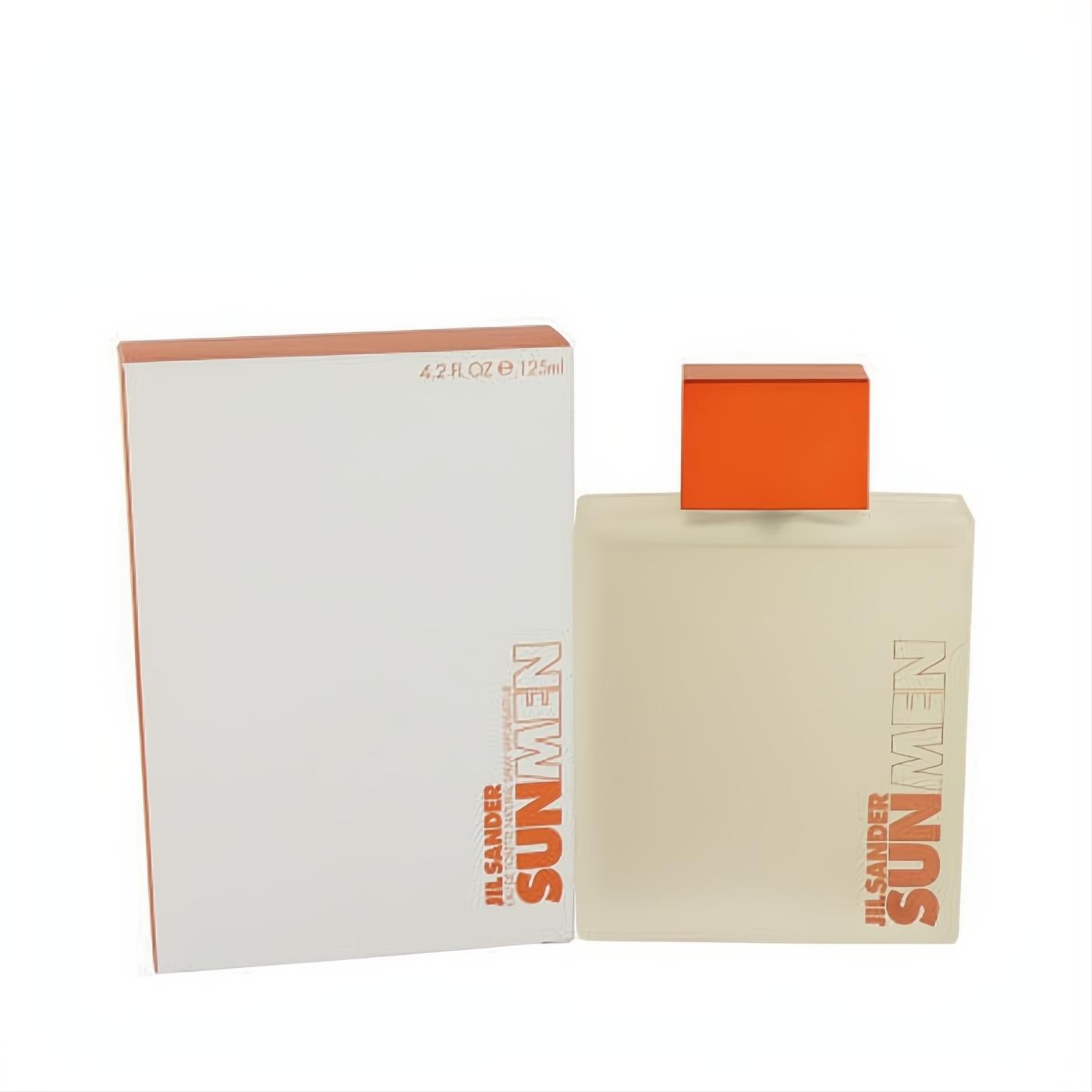 Sleek Jil Sander Sun Men 4.2 oz EDT, a frosted glass bottle with a vibrant orange cap, beside its crisp white box.