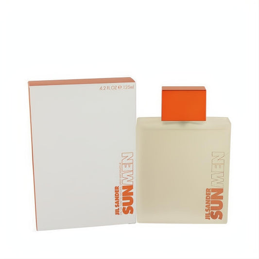 Sleek Jil Sander Sun Men 4.2 oz EDT, a frosted glass bottle with a vibrant orange cap, beside its crisp white box.