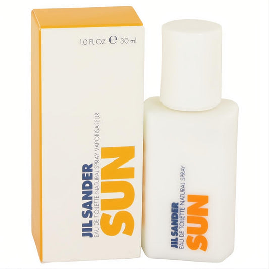 Jil Sander Sun 1 oz EDT spray for women. Modern white bottle with a clean cap and vibrant orange "SUN" text, next to its matching box.