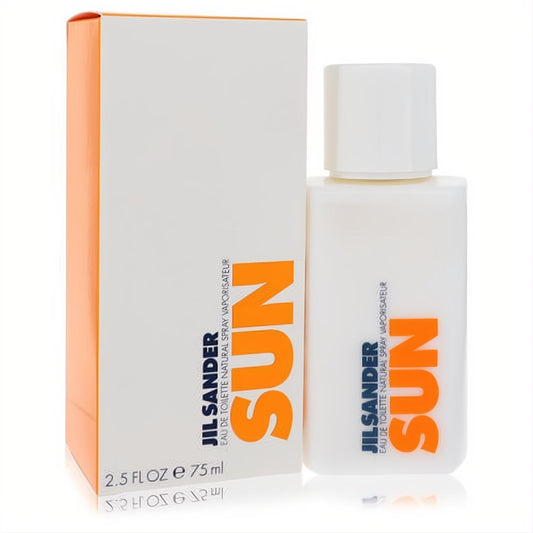 Jil Sander Sun 2.5 oz EDT spray. Sleek white bottle with vibrant orange 'SUN' logo, next to its elegant white and orange box.