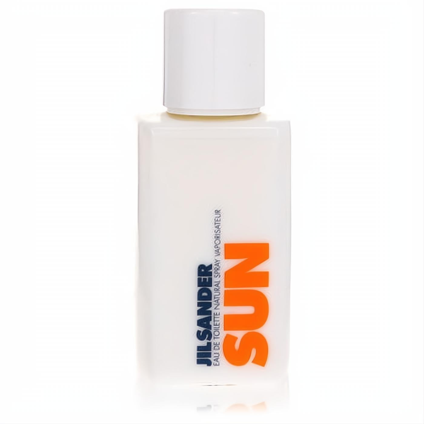 Shop Jil Sander Sun 2.5 oz Eau De Toilette tester. Sleek white bottle with vibrant orange 'SUN' branding.