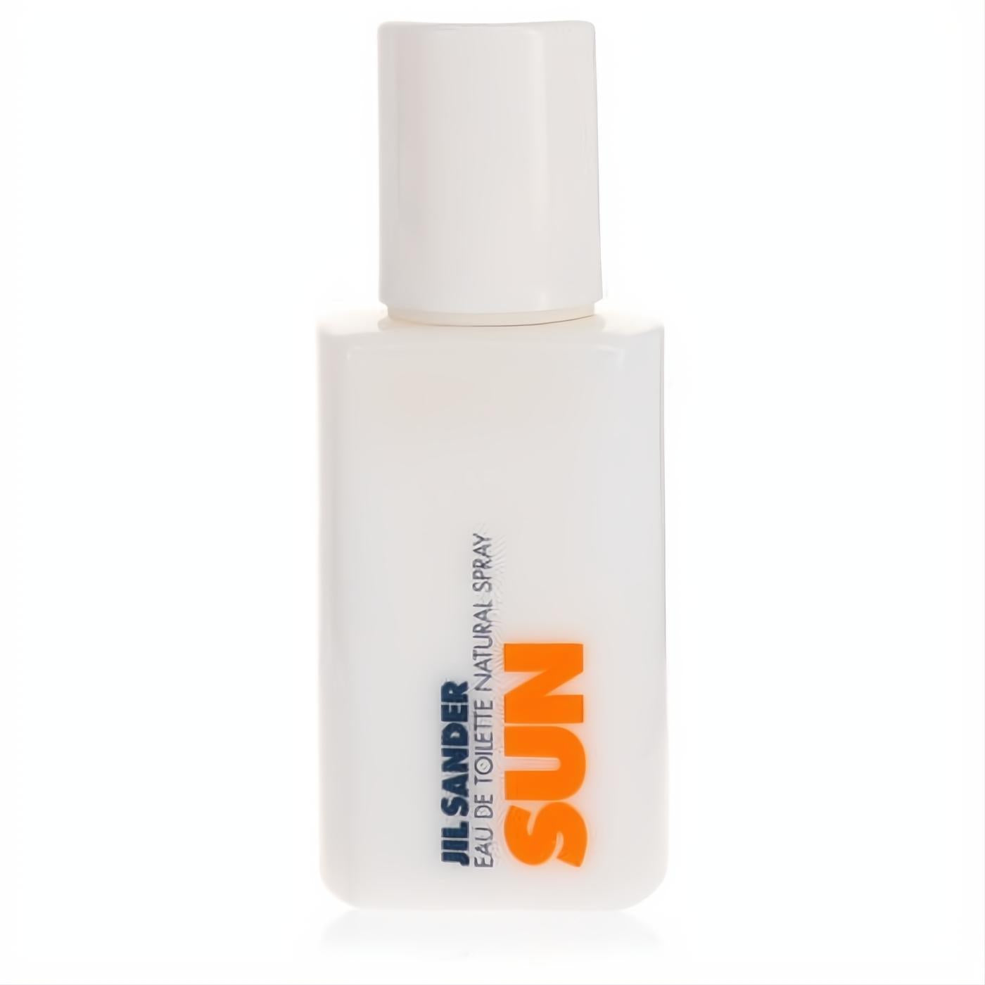 Jil Sander Sun Eau De Toilette spray. Modern white bottle with striking orange "SUN" logo. Perfect for women.
