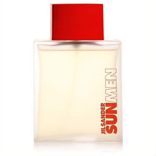 Jil Sander Sun Men 2.5 oz EDT spray. Modern clear glass bottle with a striking red cap and bold red branding.
