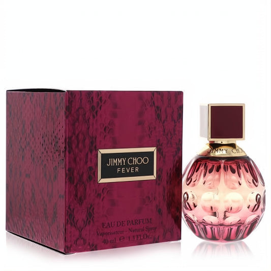 Stunning Jimmy Choo Fever 1.3 oz Eau De Parfum. Elegant pink textured glass bottle, dark red cap, and luxurious embossed box.