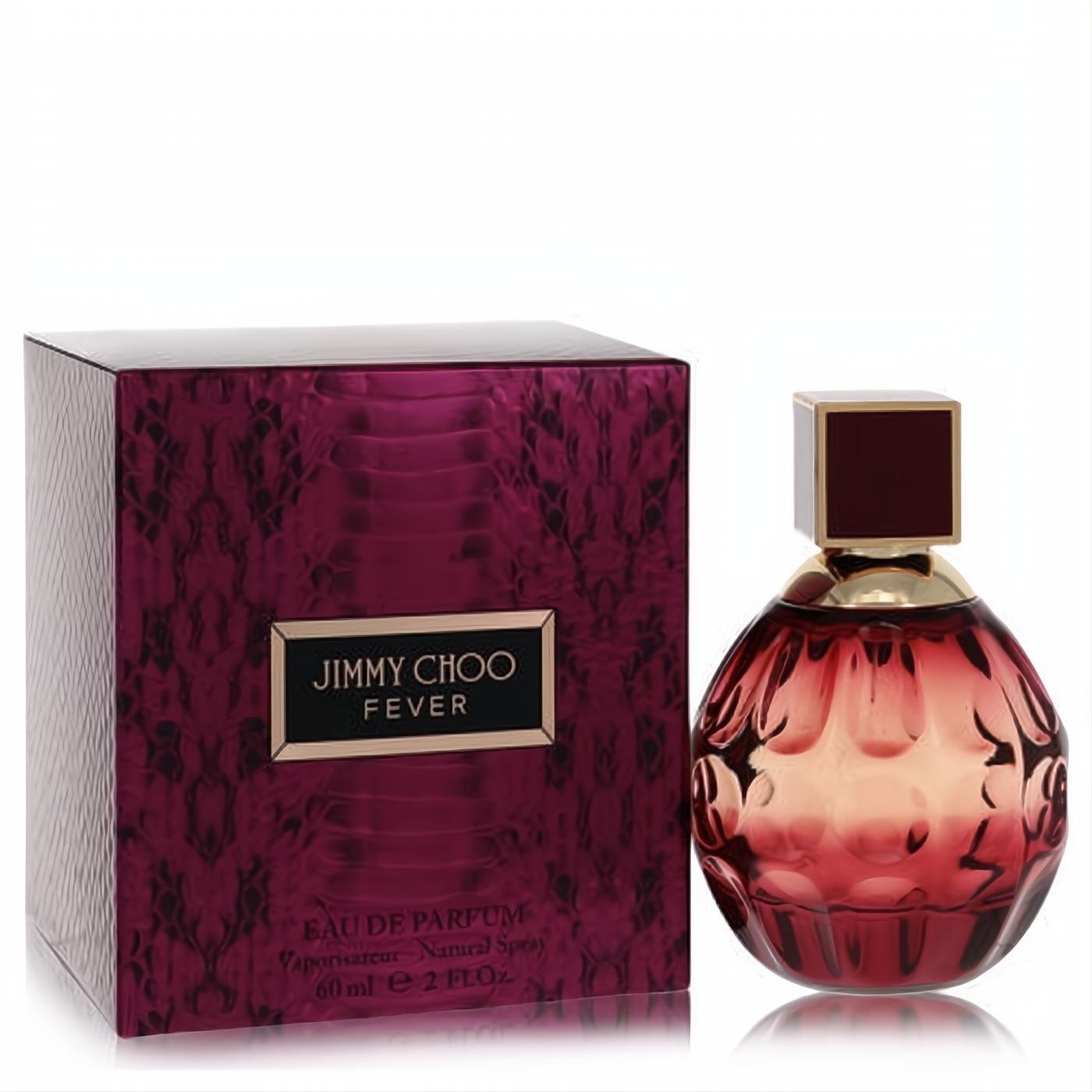 Elegant Jimmy Choo Fever 2 oz Eau de Parfum with a faceted berry-red bottle and luxurious snakeskin-patterned box.