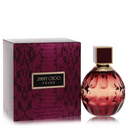 Elegant Jimmy Choo Fever 2 oz Eau de Parfum with a faceted berry-red bottle and luxurious snakeskin-patterned box.
